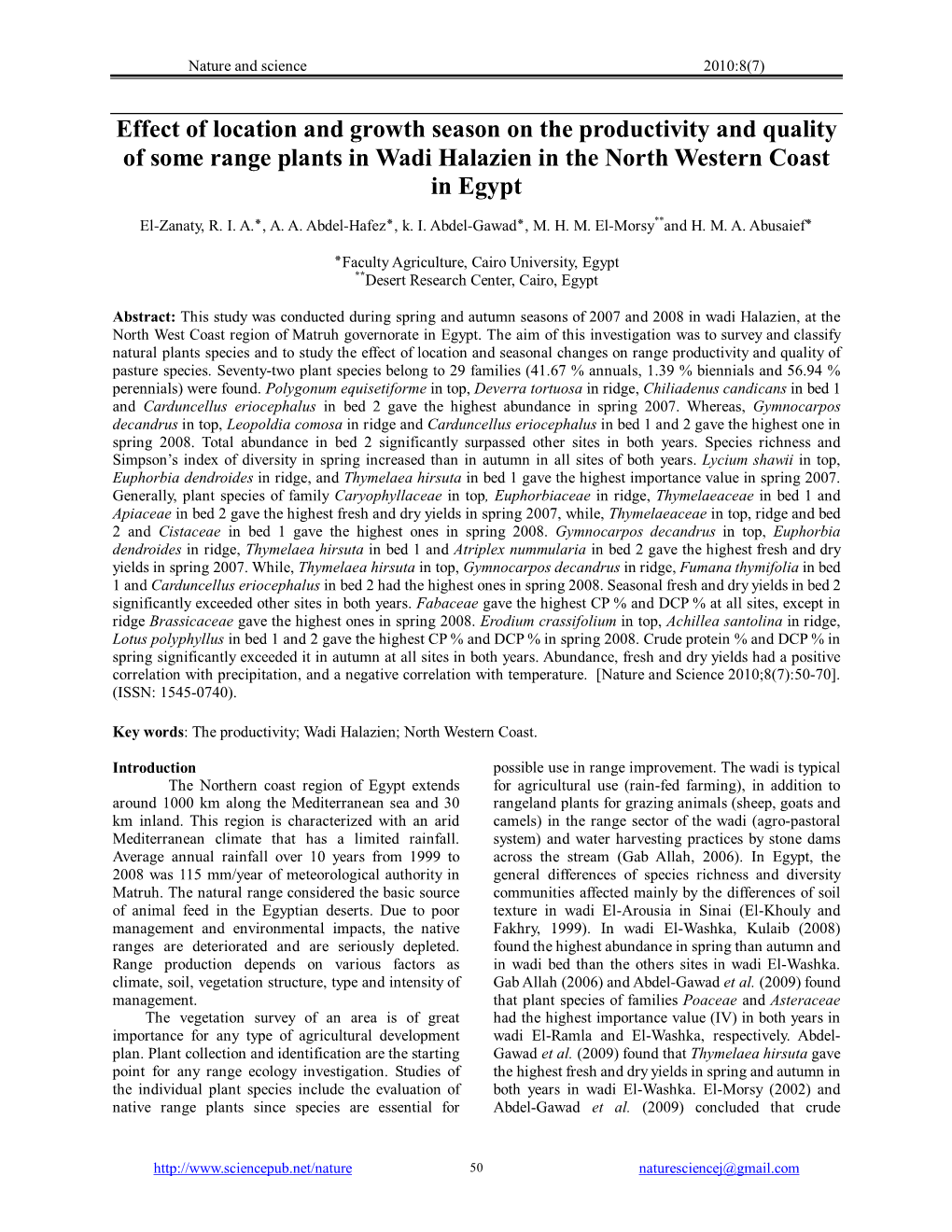 Effect of Location and Growth Season on the Productivity and Quality of Some Range Plants in Wadi Halazien in the North Western Coast in Egypt