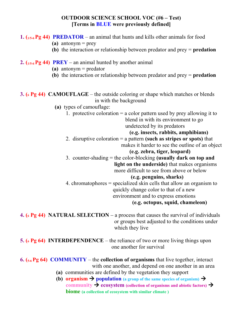 OUTDOOR SCIENCE SCHOOL VOC (#1 Test)