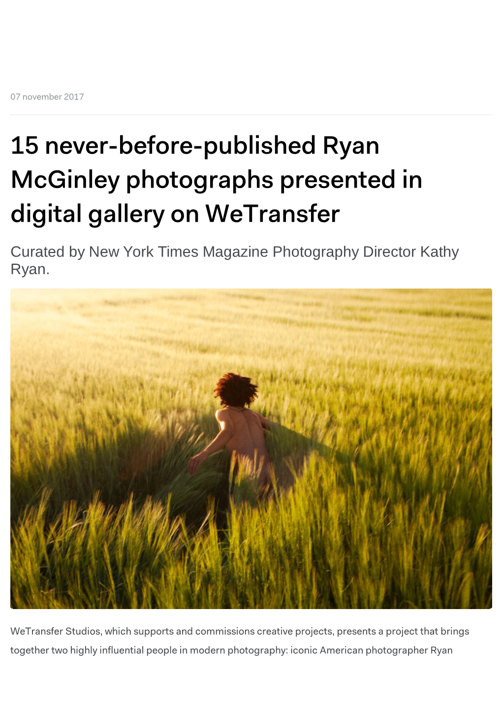 15 Never-Before-Published Ryan Mcginley Photographs Presented in Digital Gallery on Wetransfer Curated by New York Times Magazine Photography Director Kathy Ryan