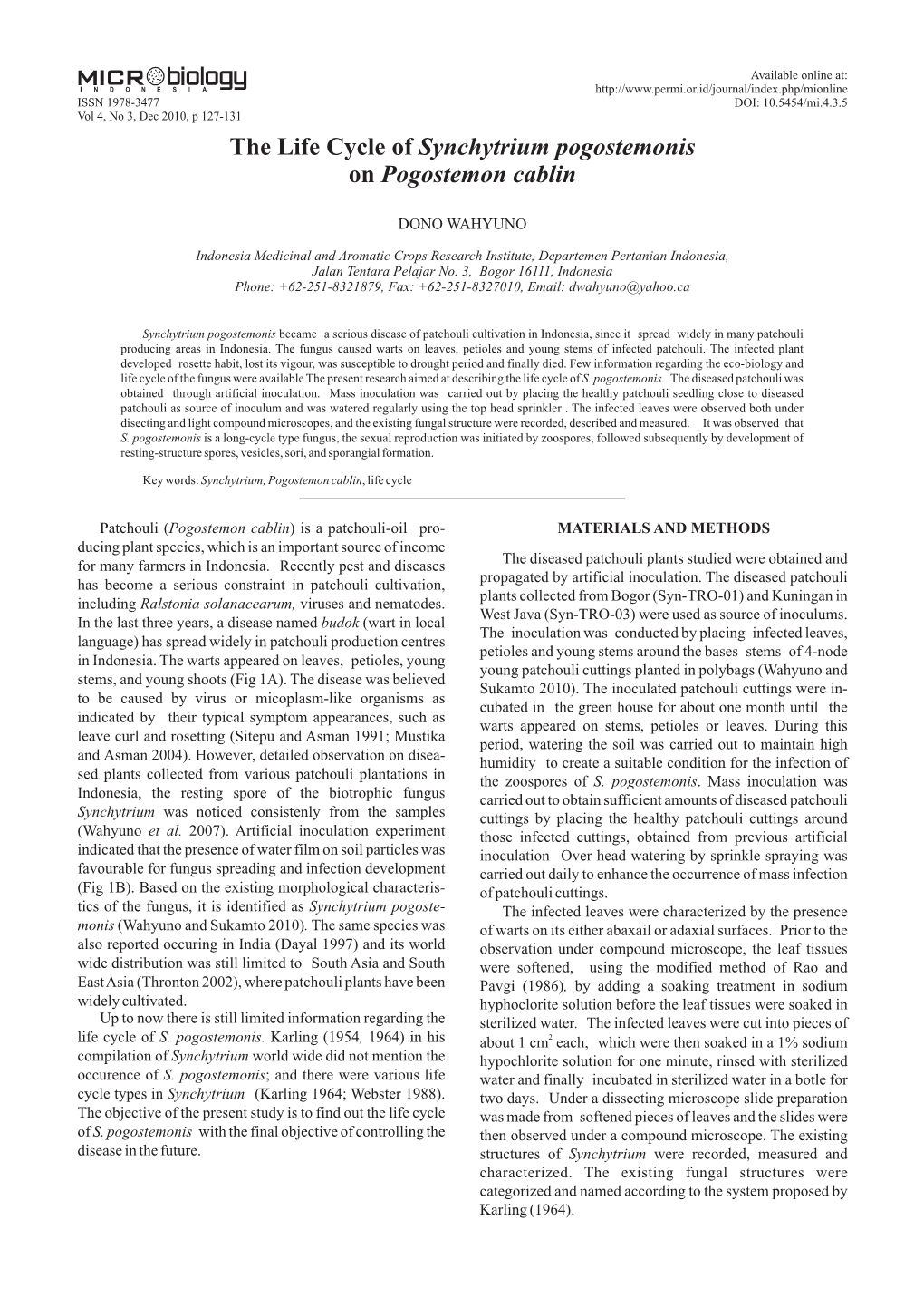 The Life Cycle of Synchytrium Pogostemonis on Pogostemon Cablin