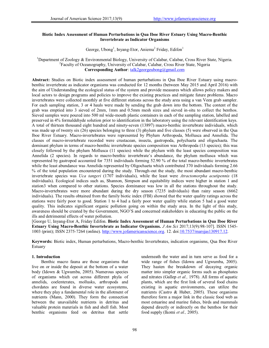 Journal of American Science 2017;13(9) 98 Biotic Index Assessment of Human Perturbations I