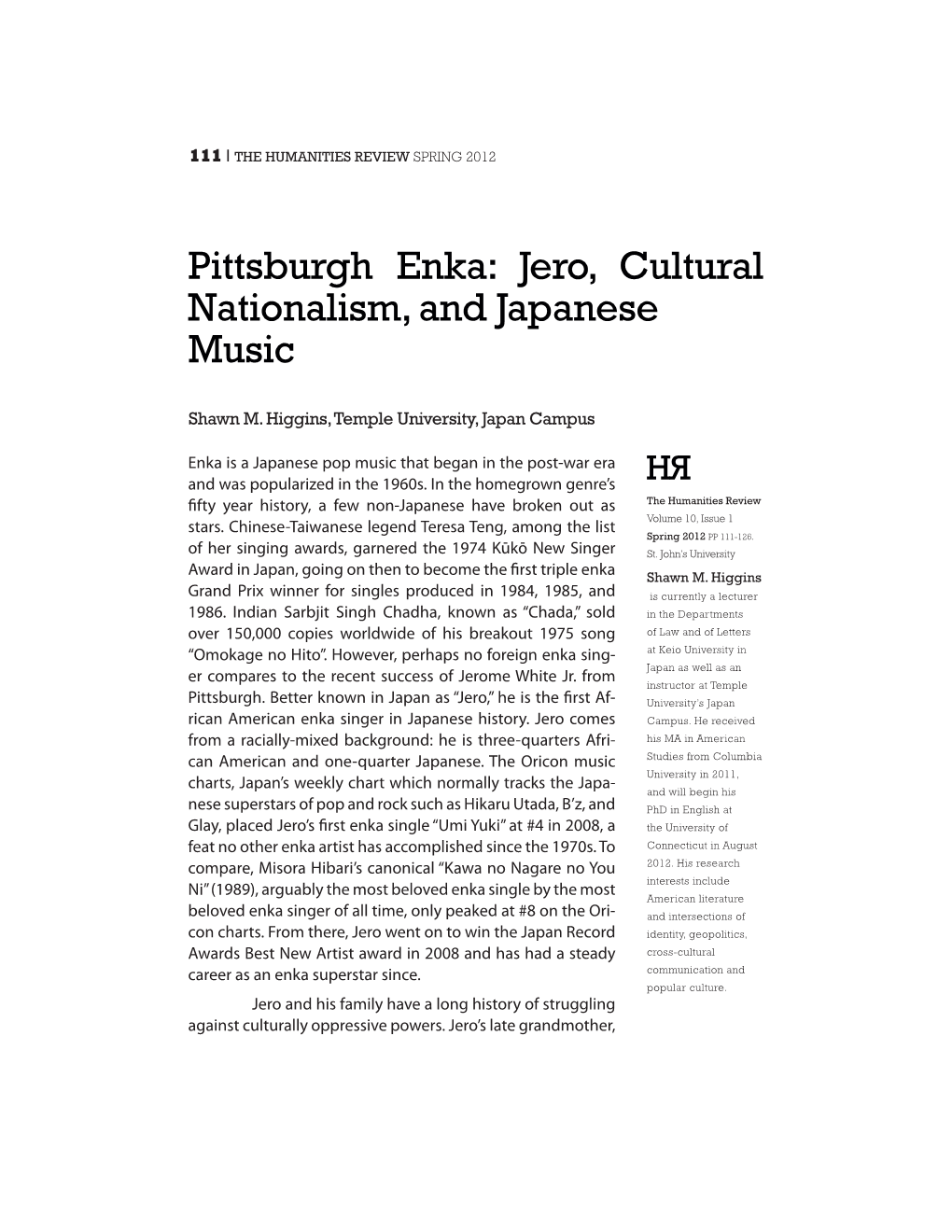 Pittsburgh Enka: Jero, Cultural Nationalism, and Japanese Music