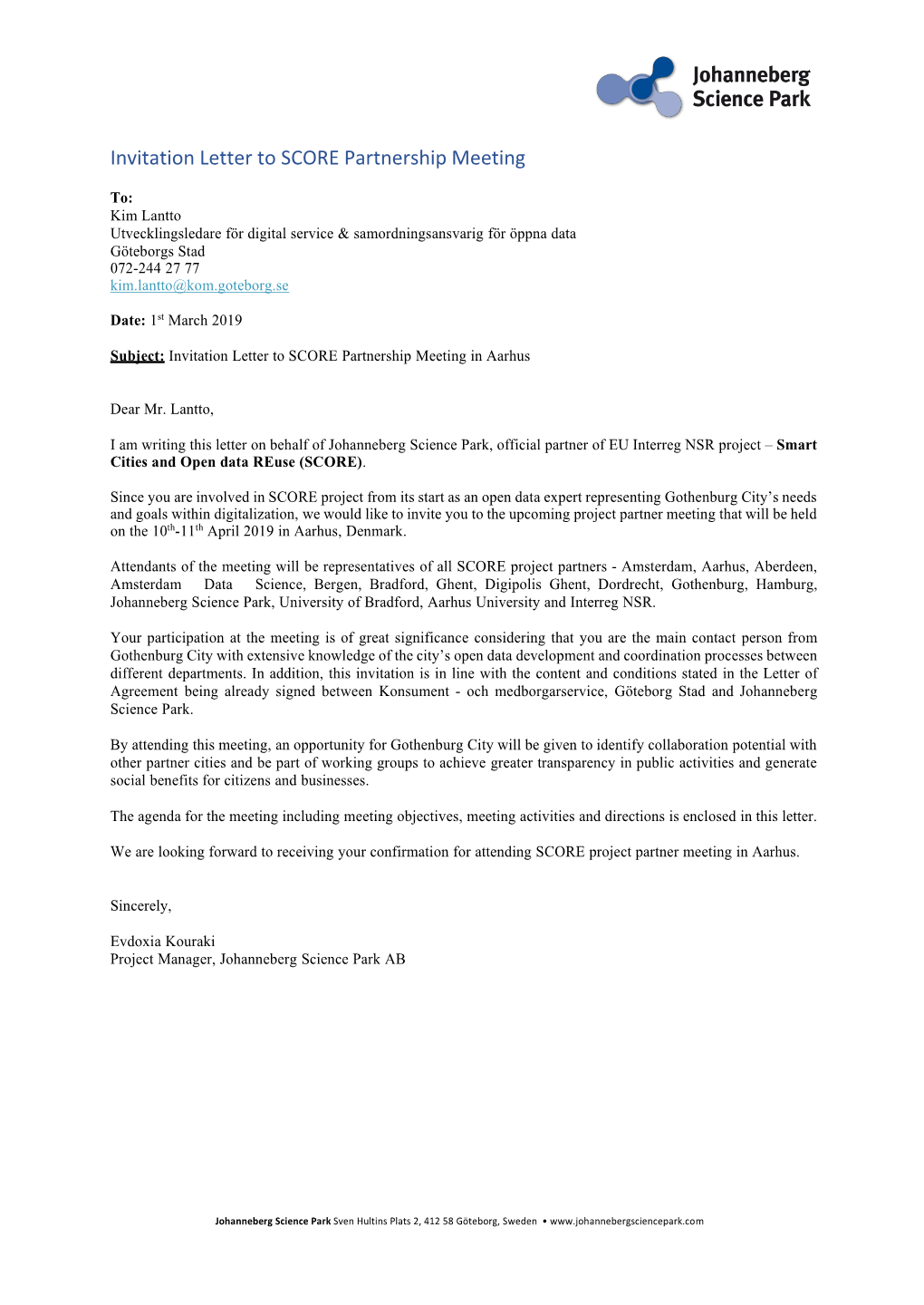 Invitation Letter to SCORE Partnership Meeting