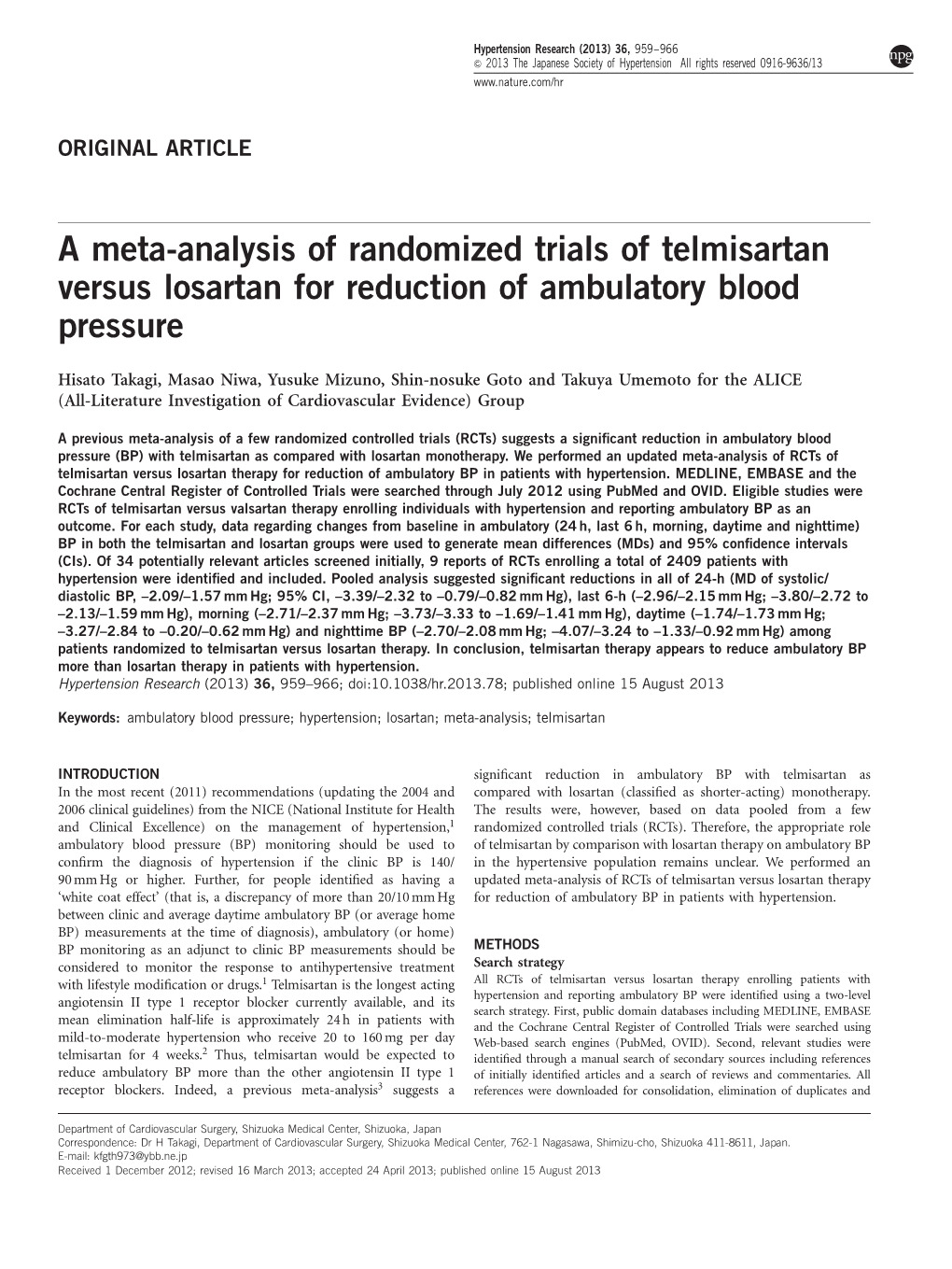 A Meta-Analysis of Randomized Trials of Telmisartan Versus Losartan for Reduction of Ambulatory Blood Pressure