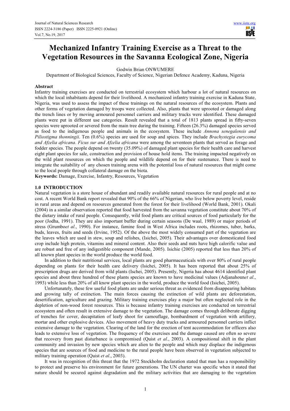 Mechanized Infantry Training Exercise As a Threat to the Vegetation Resources in the Savanna Ecological Zone, Nigeria