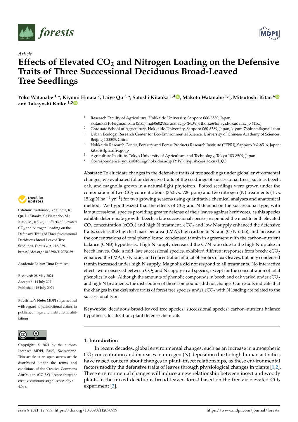 Effects of Elevated CO2 and Nitrogen Loading on the Defensive Traits of Three Successional Deciduous Broad-Leaved Tree Seedlings