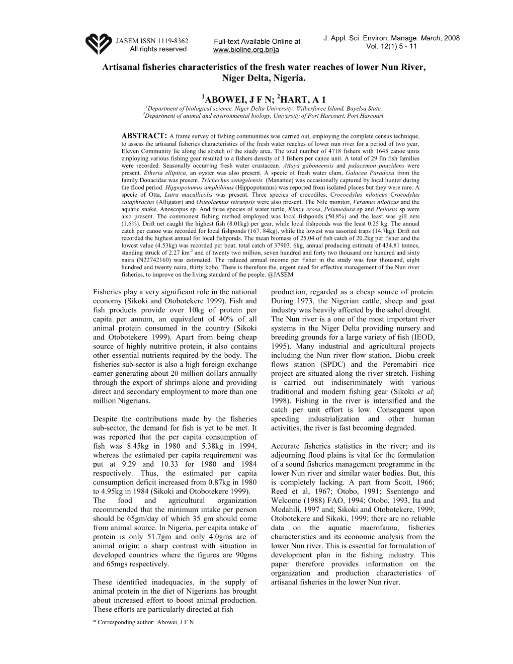 Artisanal Fisheries Characteristics of the Fresh Water Reaches of Lower Nun River, Niger Delta, Nigeria