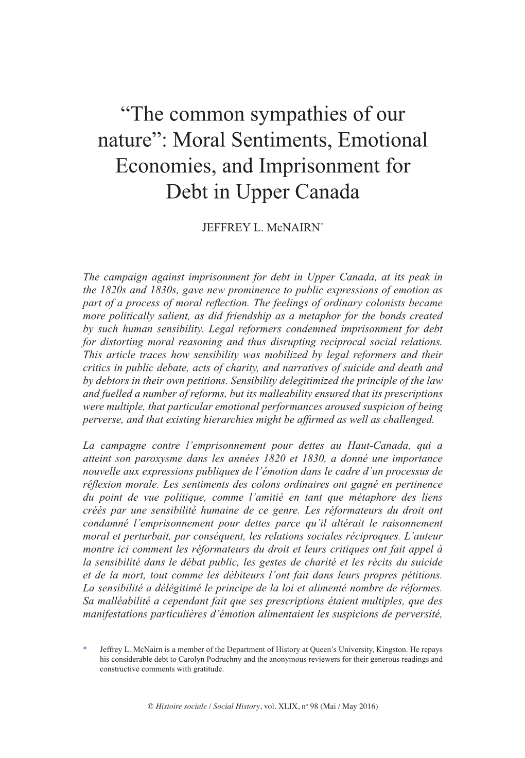 Moral Sentiments, Emotional Economies, and Imprisonment for Debt in Upper Canada