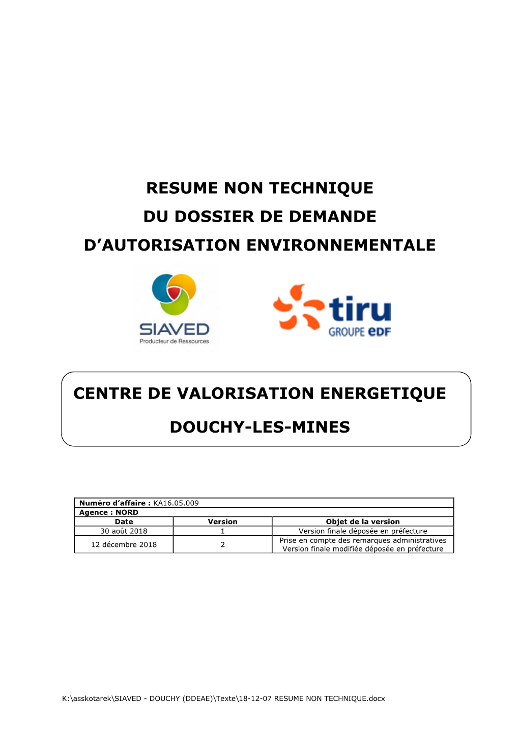 Resume Non Technique Du Dossier De Demande D’Autorisation Environnementale