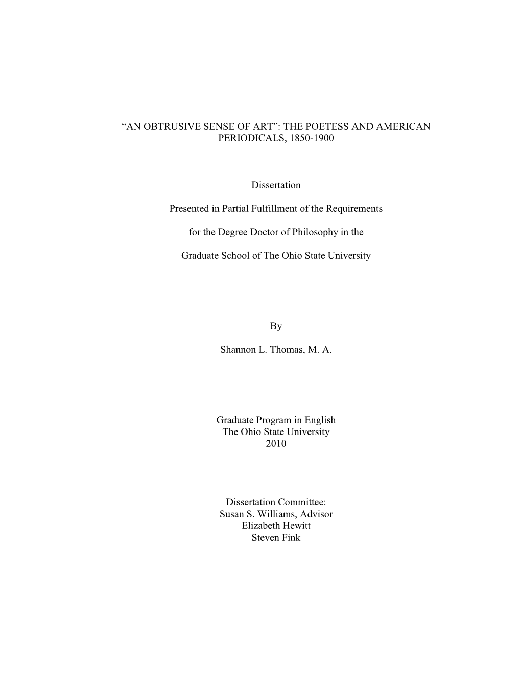 An Obtrusive Sense of Art‖: the Poetess and American Periodicals, 1850-1900