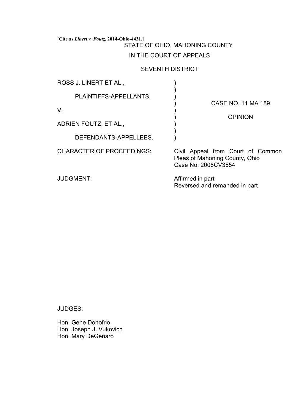 Linert V. Foutz, 2014-Ohio-4431.] STATE of OHIO, MAHONING COUNTY in the COURT of APPEALS