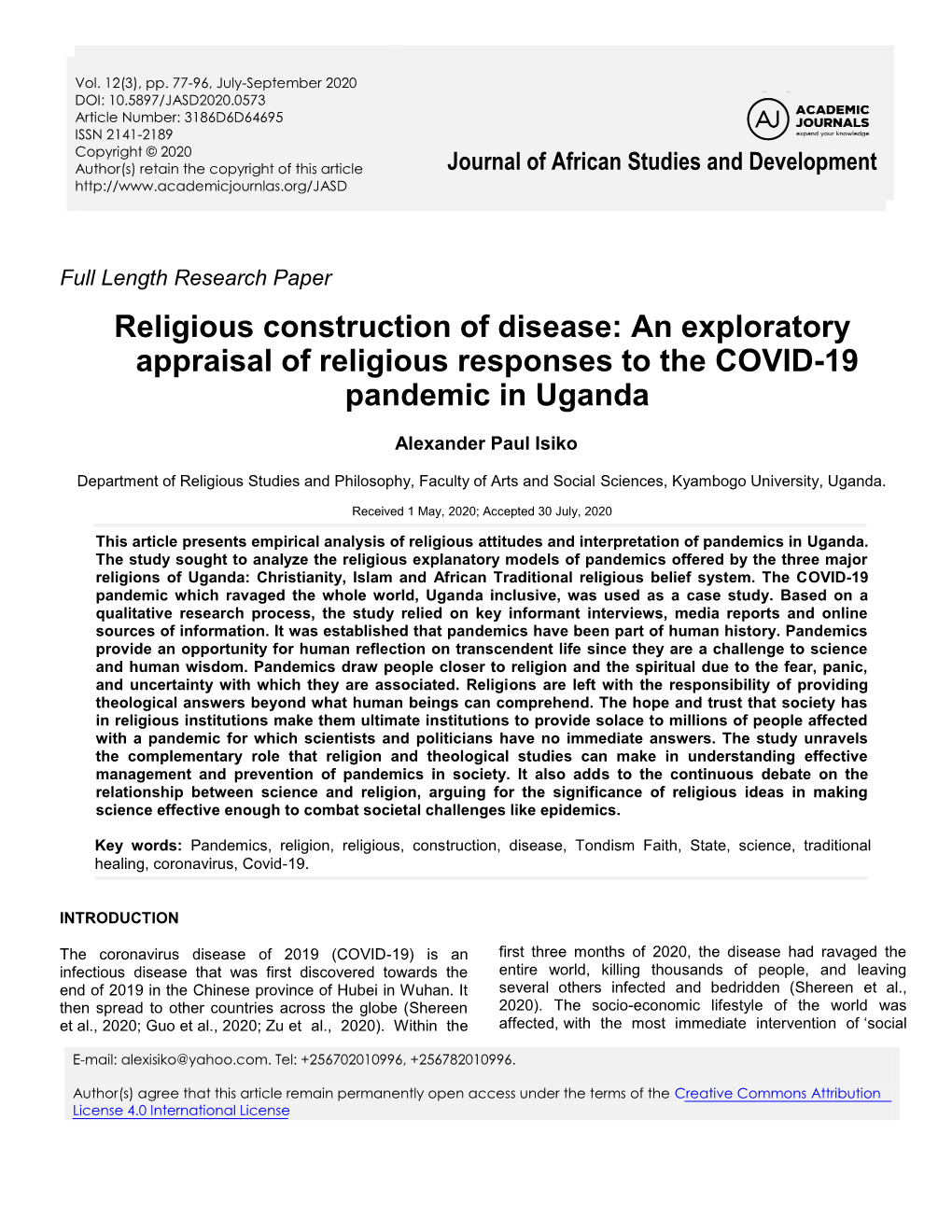 An Exploratory Appraisal of Religious Responses to the COVID-19 Pandemic in Uganda