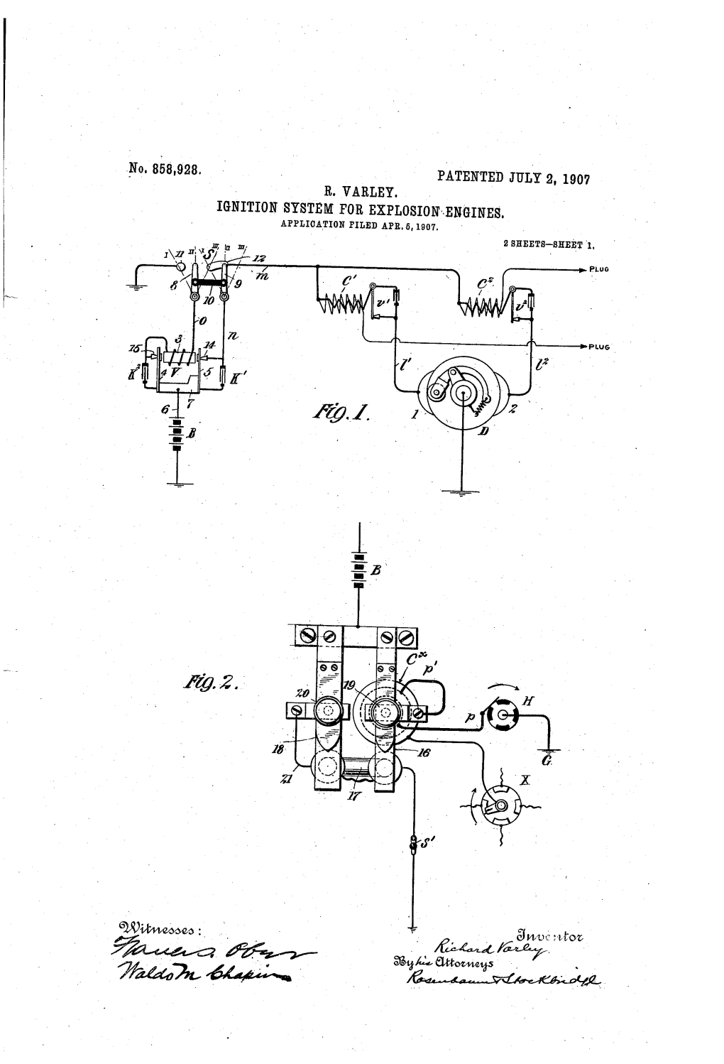 Patented July 9, 1907 R, Warley, Ignition System for Explosion Engines, Application Filed Apr, 5, 1907