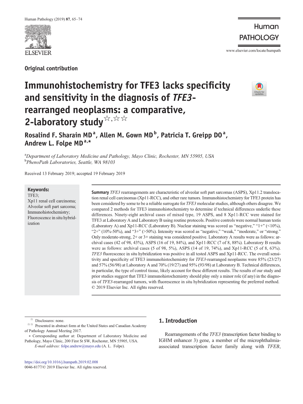 Immunohistochemistry for TFE3 Lacks Specificity and Sensitivity in The