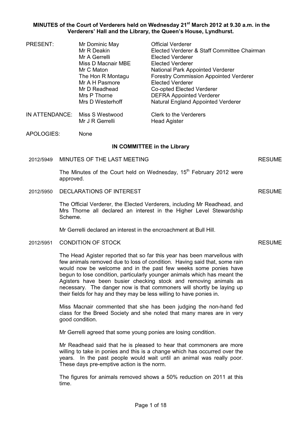 MINUTES of the Court of Verderers Held on Wednesday 21St March 2012 at 9.30 A.M