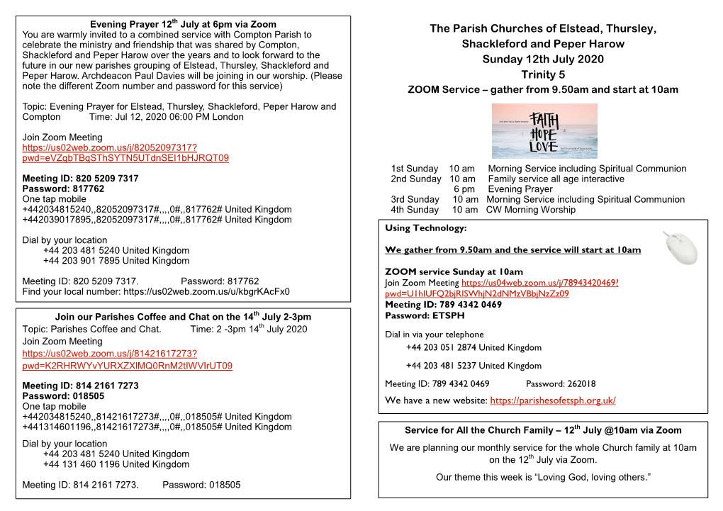 12Th July 2020 Future in Our New Parishes Grouping of Elstead, Thursley, Shackleford and Peper Harow