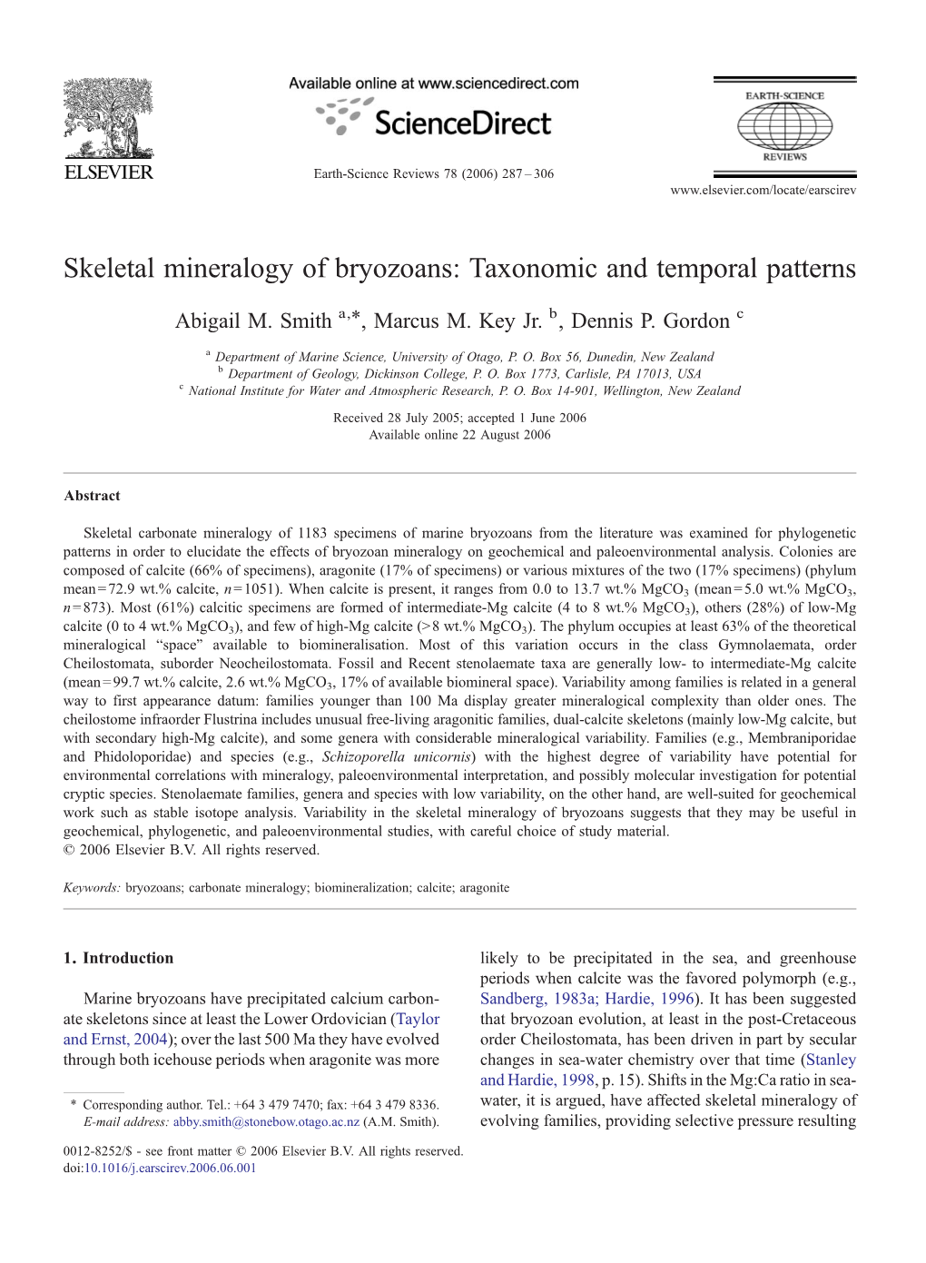 Skeletal Mineralogy of Bryozoans: Taxonomic and Temporal Patterns ⁎ Abigail M