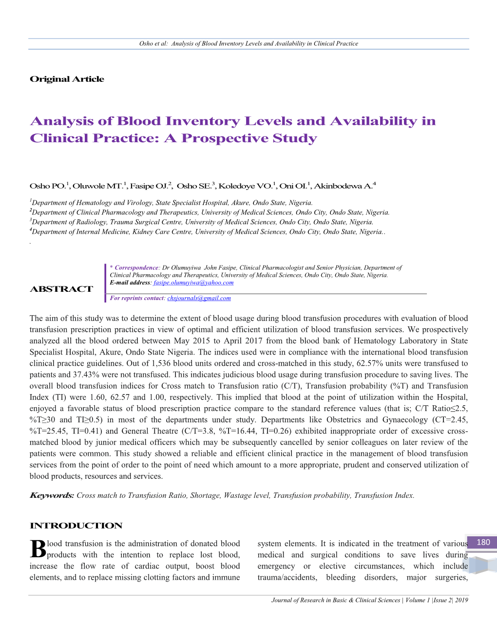 Osho Et Al: Analysis of Blood Inventory Levels and Availability in Clinical Practice