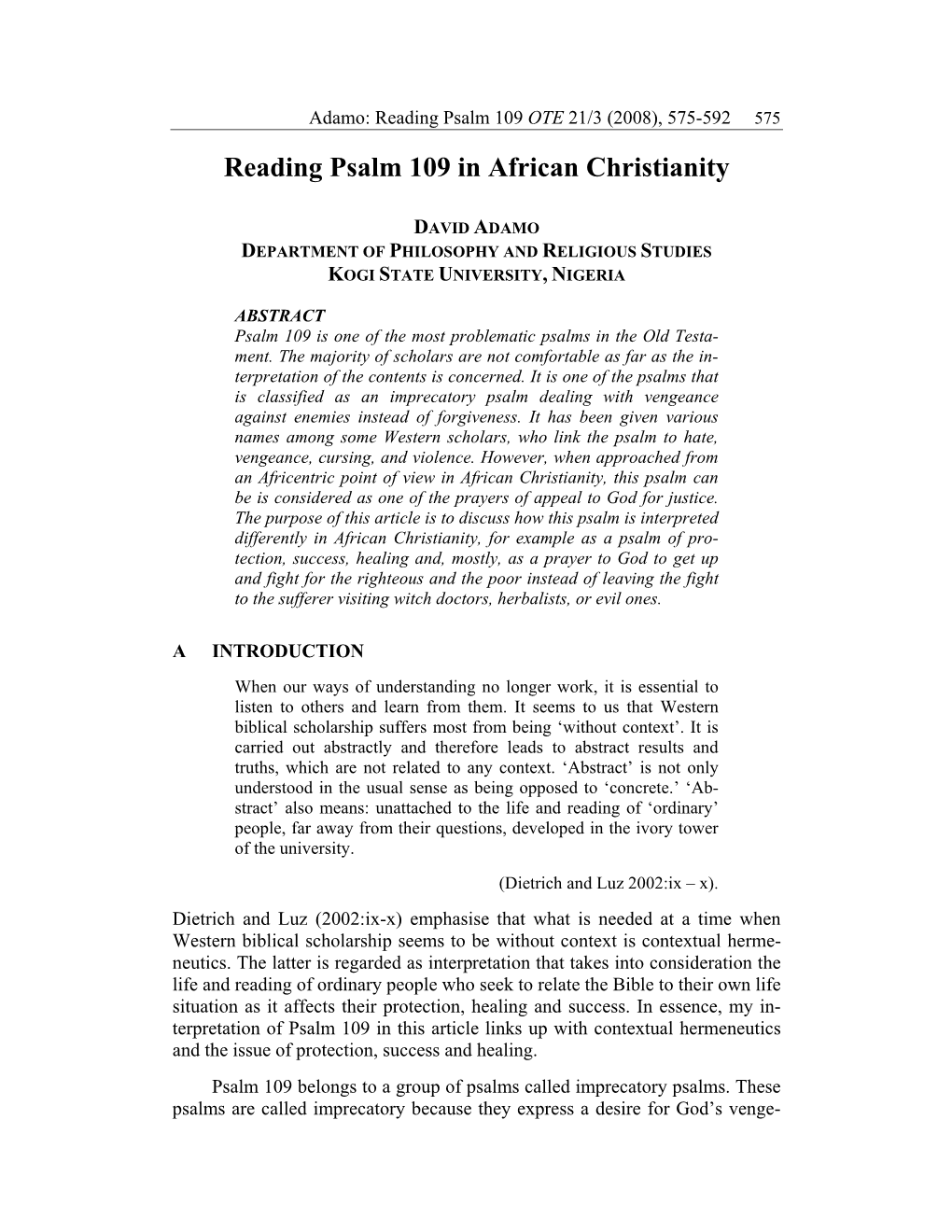 Reading Psalm 109 in African Christianity