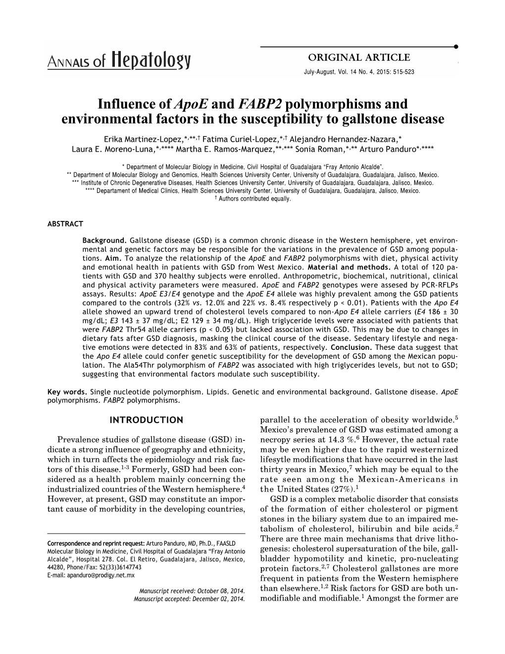 Influence of Apoe and FABP2 Polymorphisms and Environmental Factors in the Susceptibility to Gallstone Disease