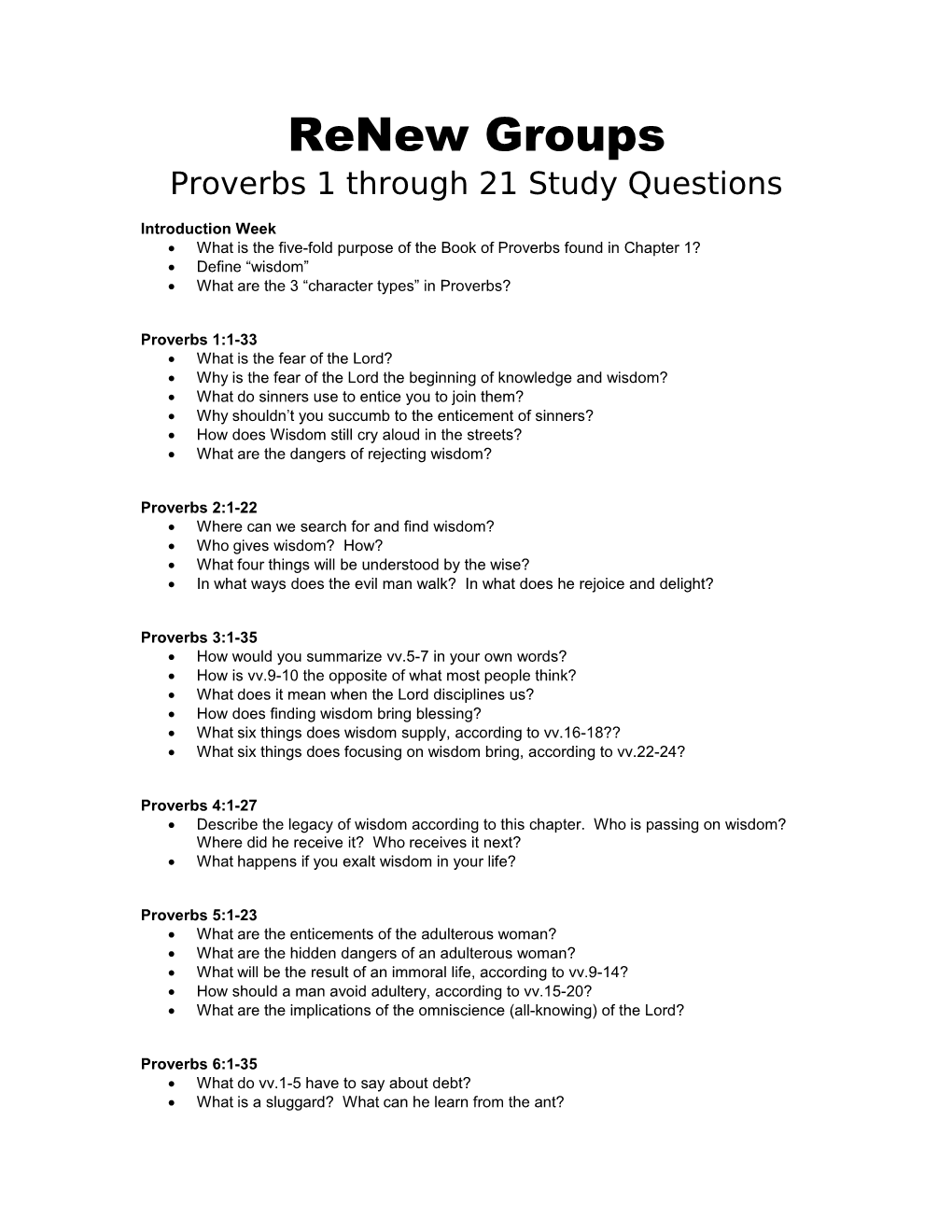 Proverbs 1 Through 21 Study Questions