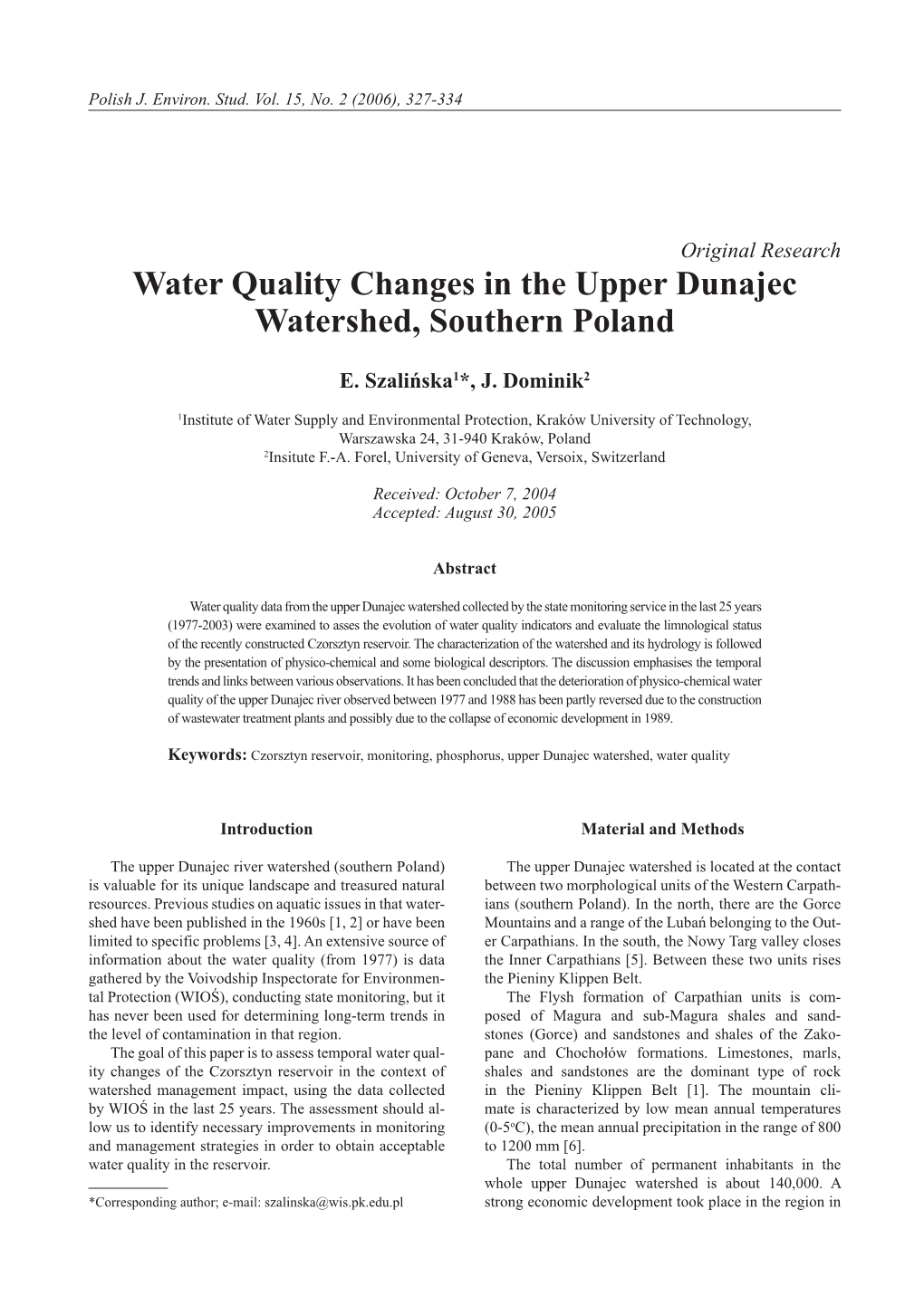 Water Quality Changes in the Upper Dunajec Watershed, Southern Poland