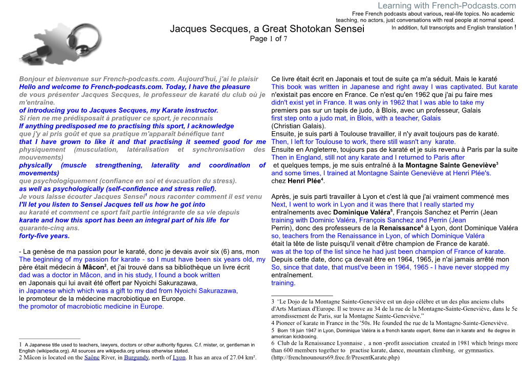 Jacques Secques, a Great Shotokan Sensei in Addition, Full Transcripts and English Translation ! Page 1 of 7