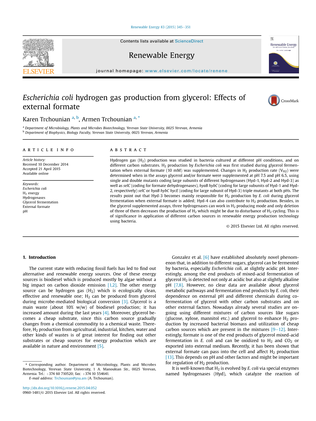 Escherichia Coli Hydrogen Gas Production from Glycerol: Effects of External Formate