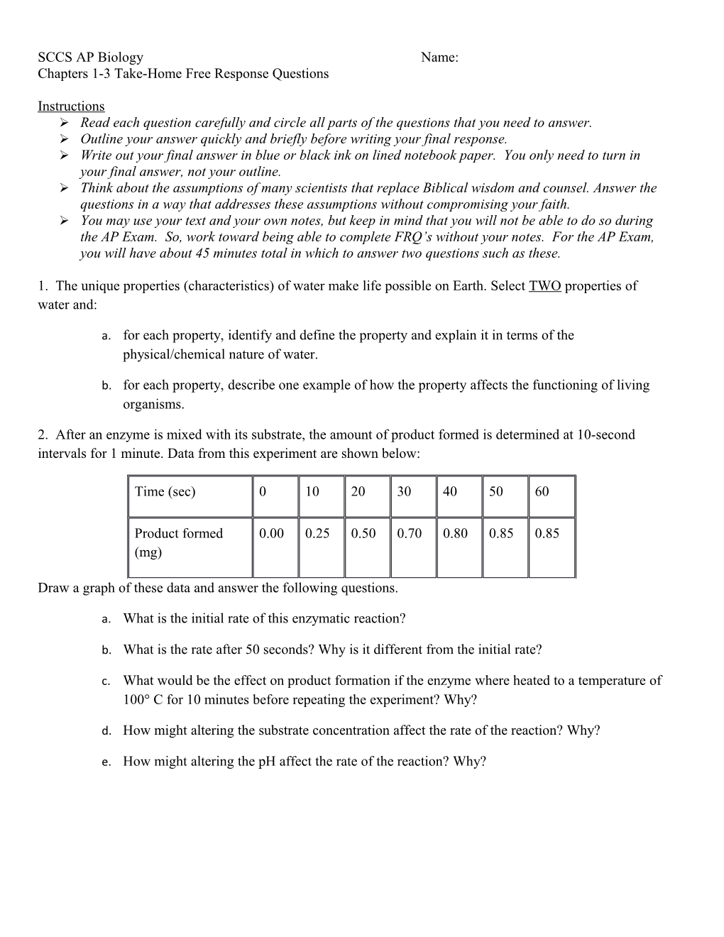 Chapters 1-3 Take-Home Free Response Questions