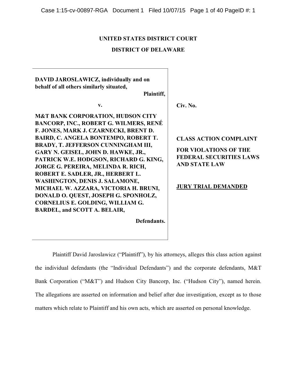 David Jaroslawicz, Et Al. V. M&T Bank Corporation, Et Al. 15-CV-00897