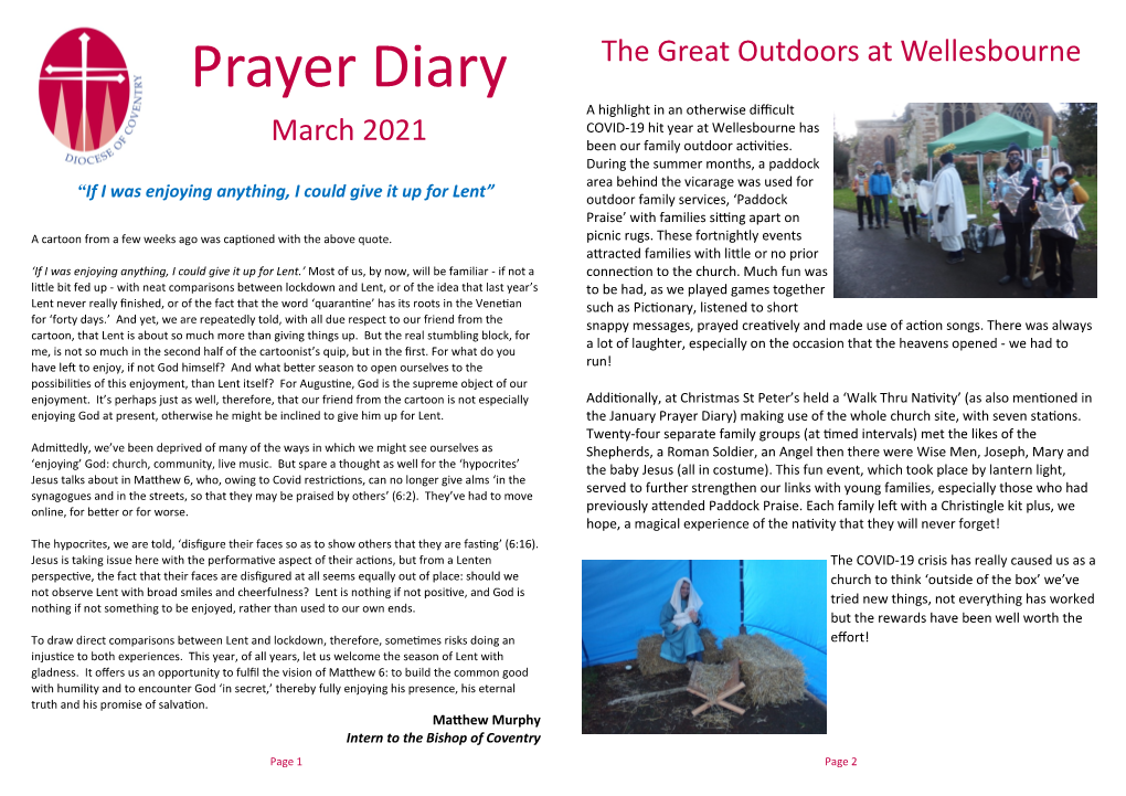 Prayer Diary a Highlight in an Otherwise Difficult COVID-19 Hit Year at Wellesbourne Has March 2021 Been Our Family Outdoor Activities
