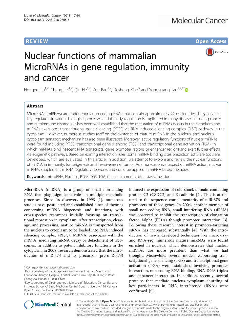 Nuclear Functions of Mammalian Micrornas in Gene Regulation