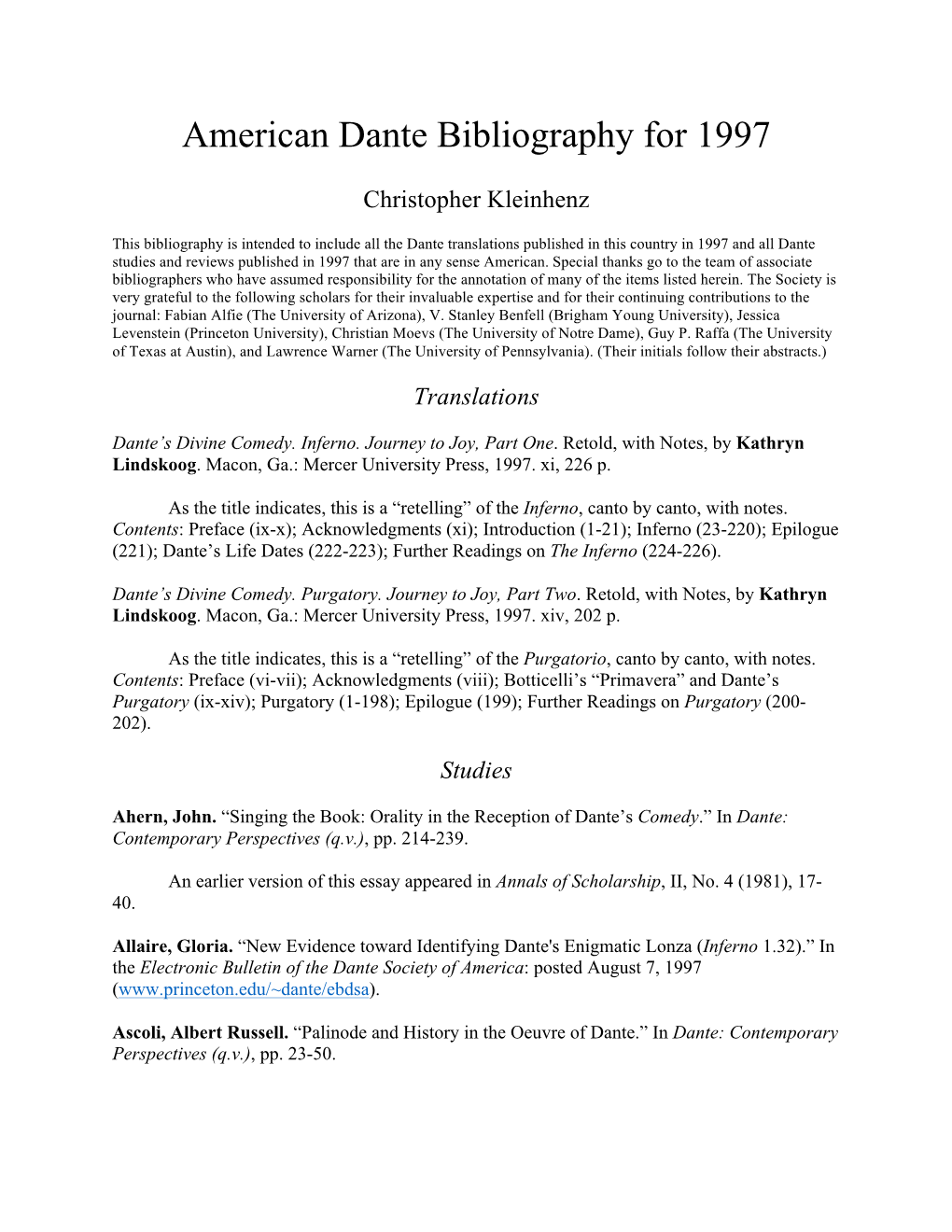 American Dante Bibliography for 1997