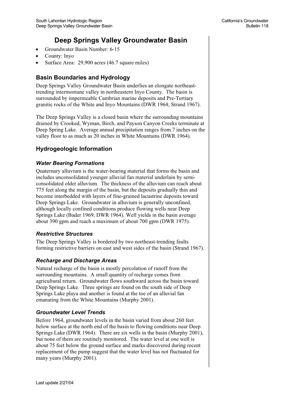 Deep Springs Valley Groundwater Basin Bulletin 118