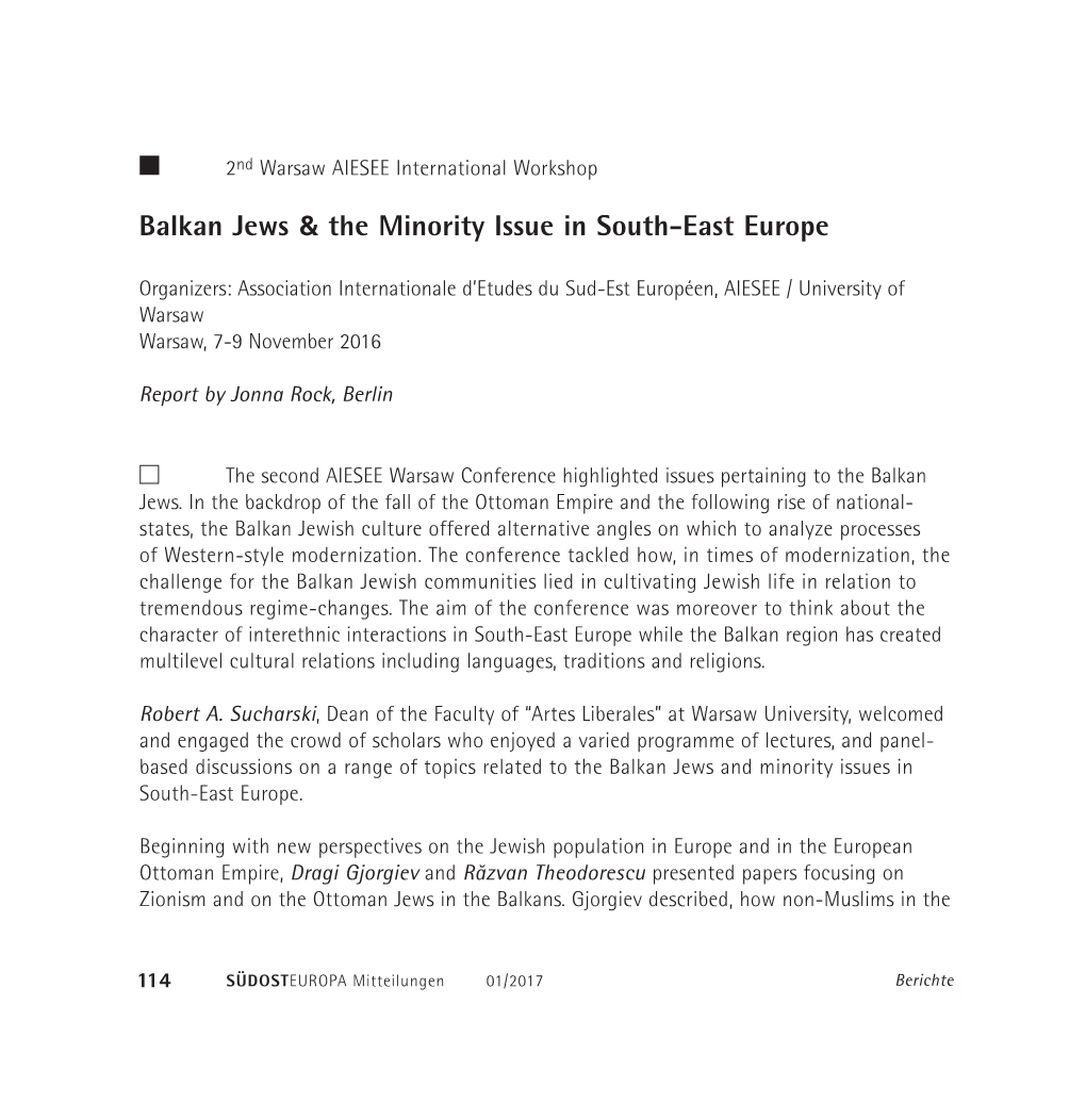 Balkan Jews & the Minority Issue in South-East Europe