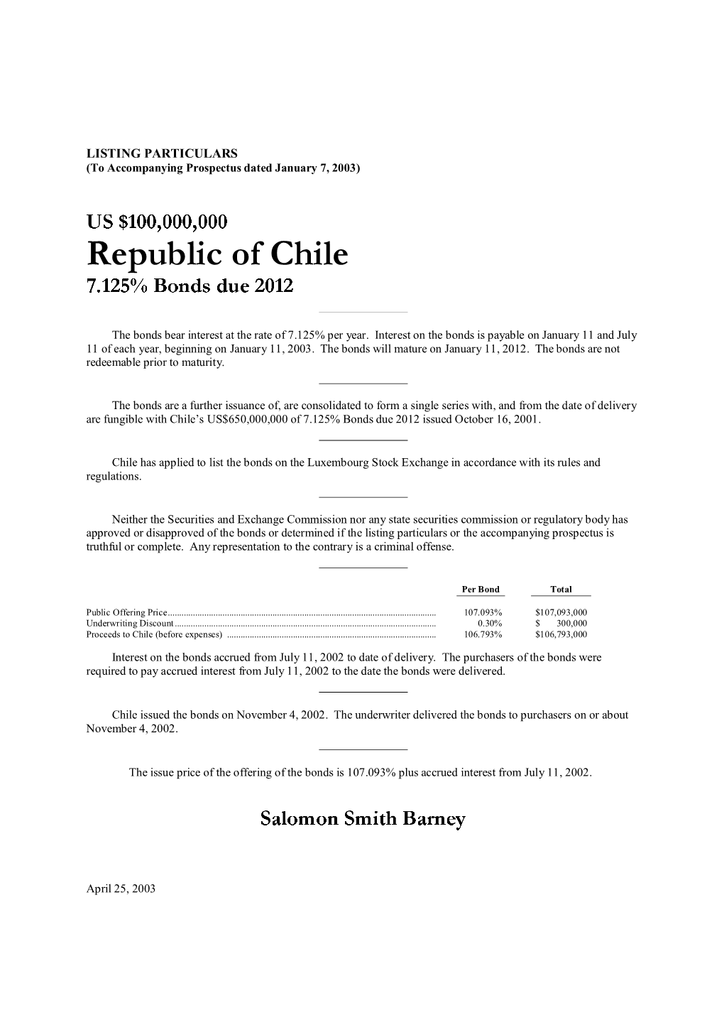 Republic of Chile 7.125% Bonds Due 2012