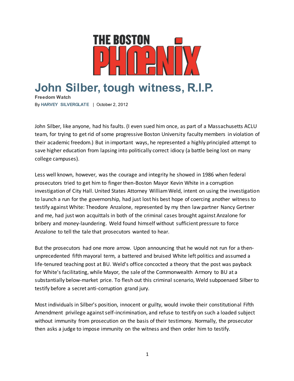 John Silber, Tough Witness, R.I.P. Freedom Watch by HARVEY SILVERGLATE | October 2, 2012