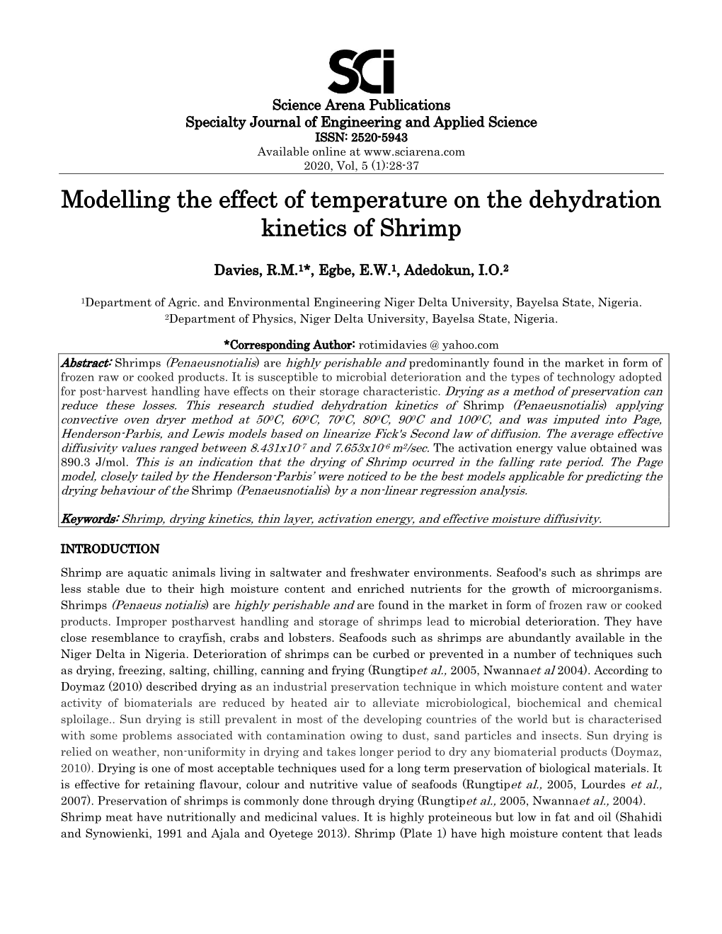 Modelling the Effect of Temperature on the Dehydration Kinetics of Shrimp