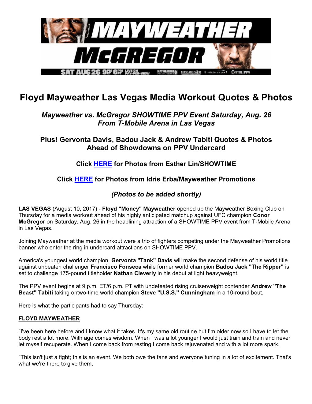 Floyd Mayweather Las Vegas Media Workout Quotes & Photos