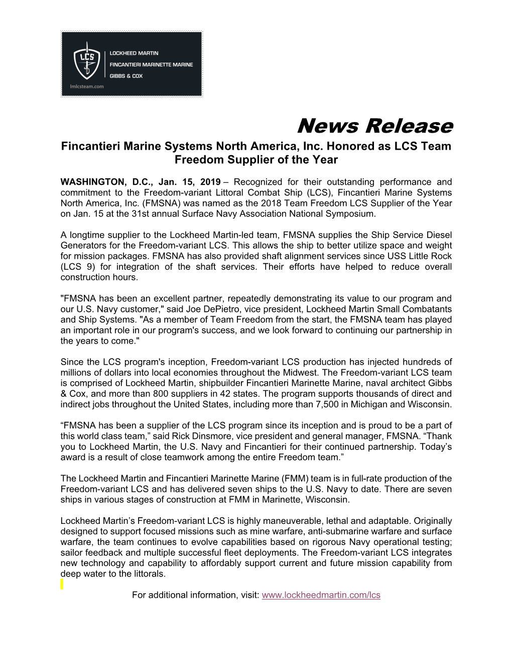 News Release Fincantieri Marine Systems North America, Inc
