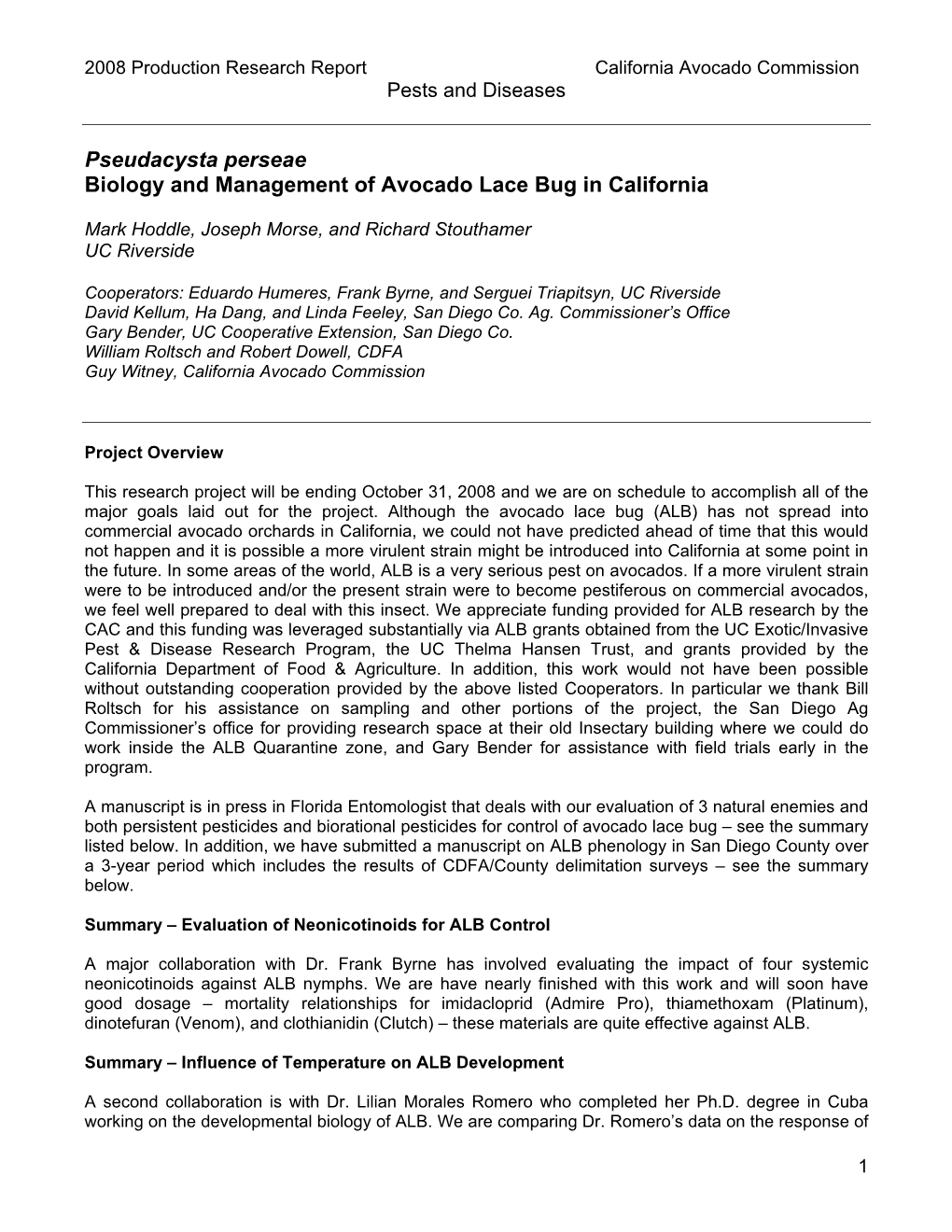 Pseudacysta Perseae: Biology and Management of Avocado Lace Bug