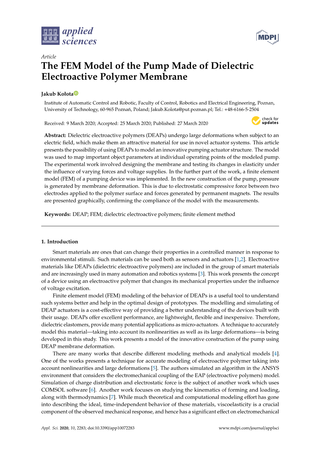 The FEM Model of the Pump Made of Dielectric Electroactive Polymer Membrane