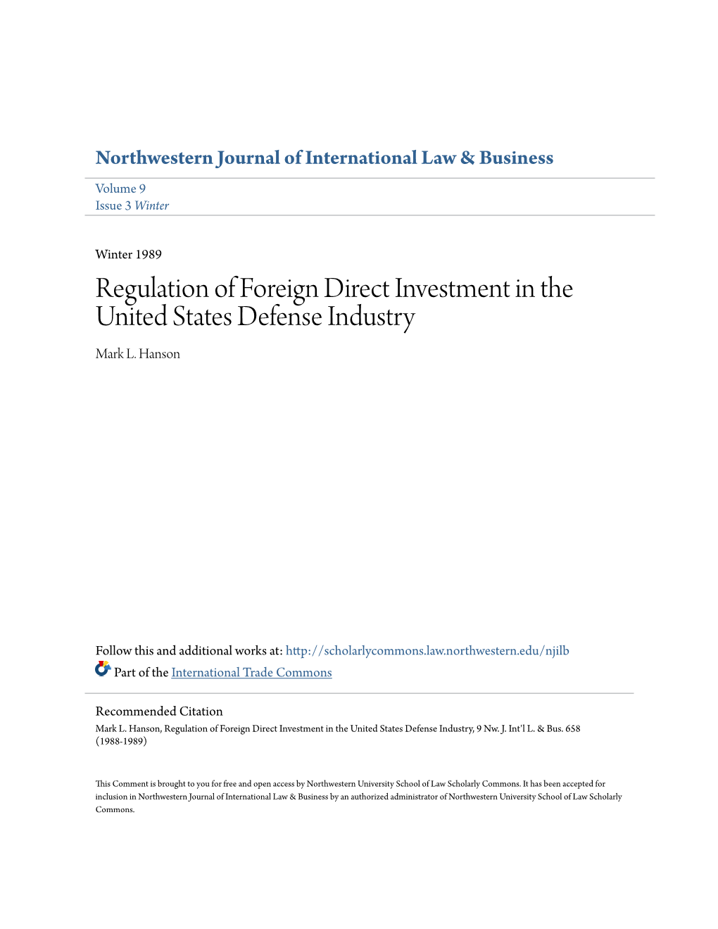 Regulation of Foreign Direct Investment in the United States Defense Industry Mark L