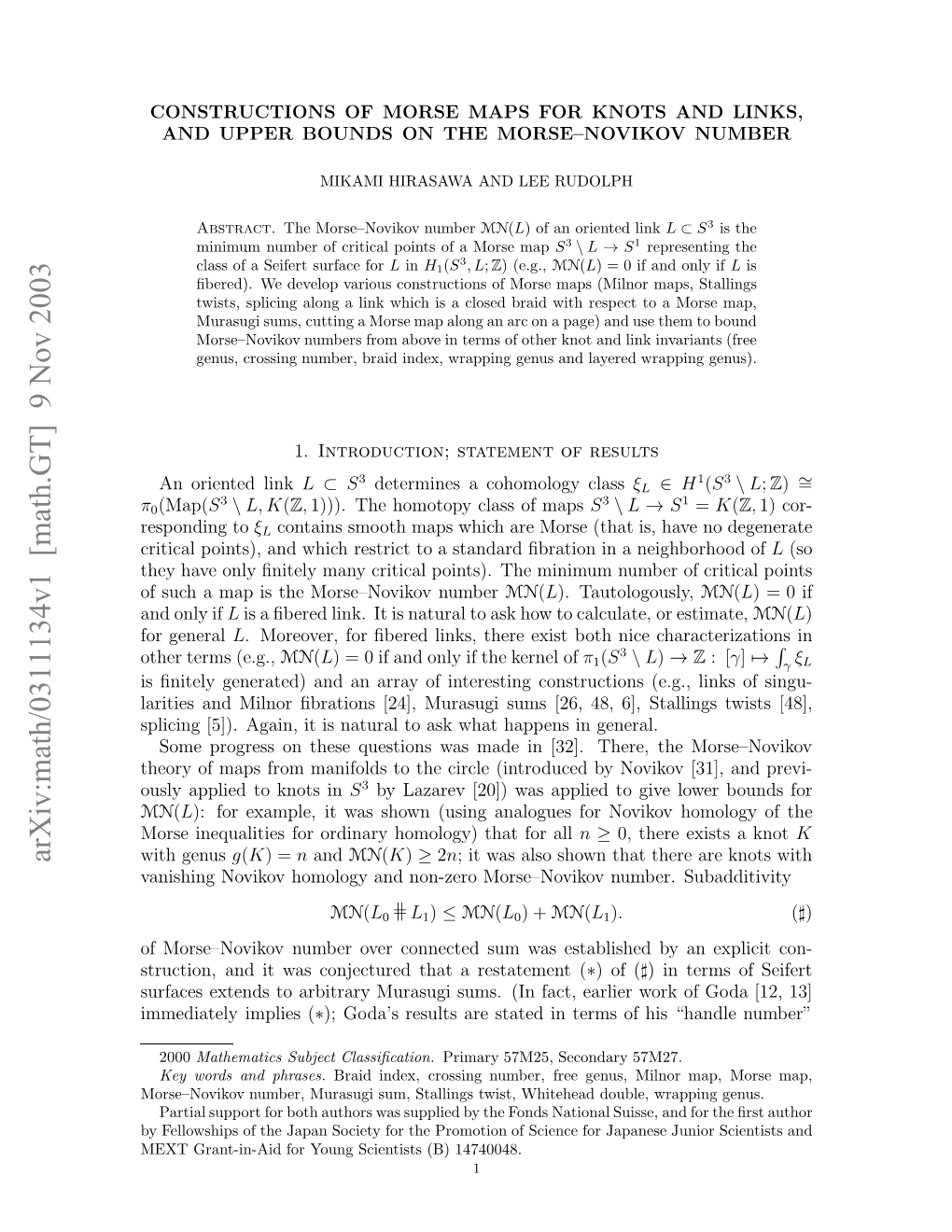 Arxiv:Math/0311134V1 [Math.GT] 9 Nov 2003 N Nyif Only and O General for Fsc a Stemrenvkvnumber Cr Morse–Novikov of the Number Is Minimum Map the a Points)