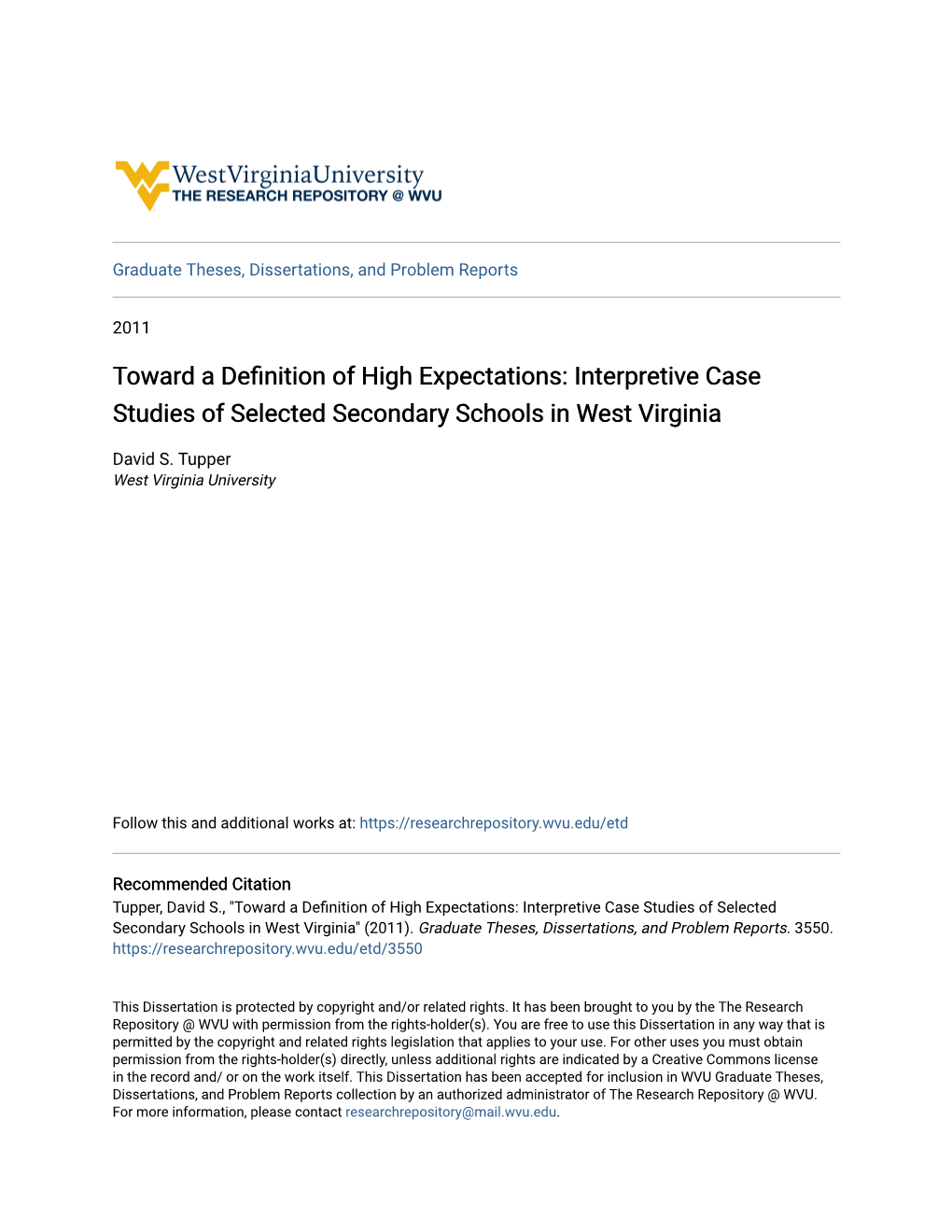 Toward a Definition of High Expectations: Interpretive Case Studies of Selected Secondary Schools in West Virginia