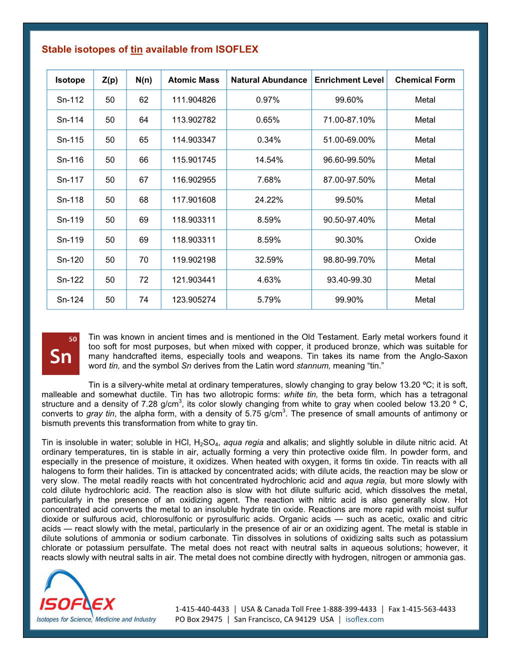 Stable Isotopes of Tin Available from ISOFLEX