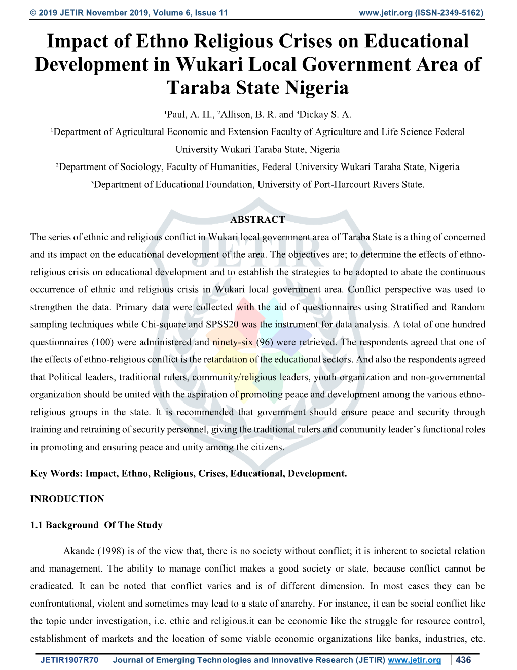 Impact of Ethno Religious Crises on Educational Development in Wukari Local Government Area of Taraba State Nigeria