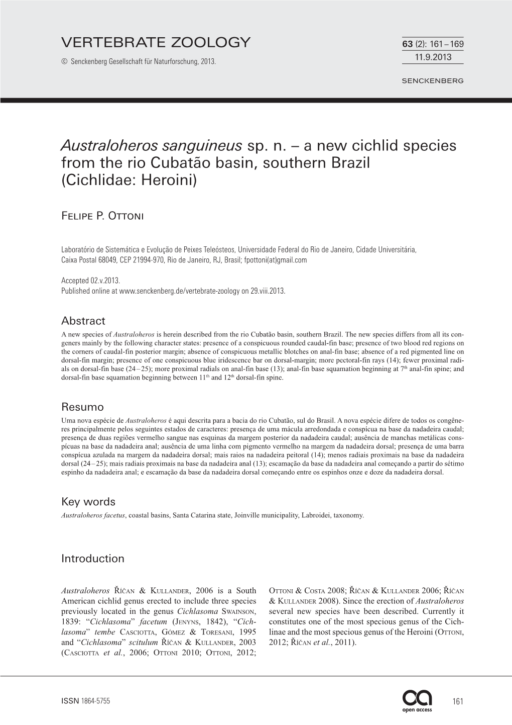 Australoheros Sanguineus Sp. N. – a New Cichlid Species from the Rio Cubatão Basin, Southern Brazil (Cichlidae: Heroini)