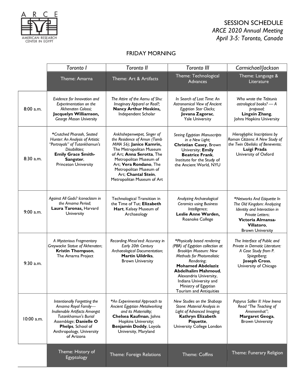 SESSION SCHEDULE ARCE 2020 Annual Meeting April 3-5: Toronto, Canada