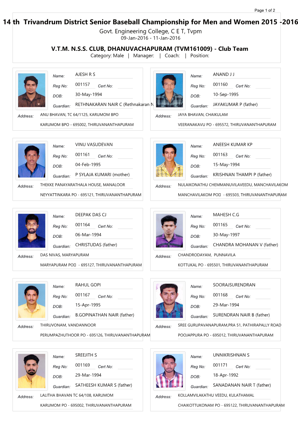 14 Th Trivandrum District Senior Baseball Championship for Men and Women 2015 -2016 Govt